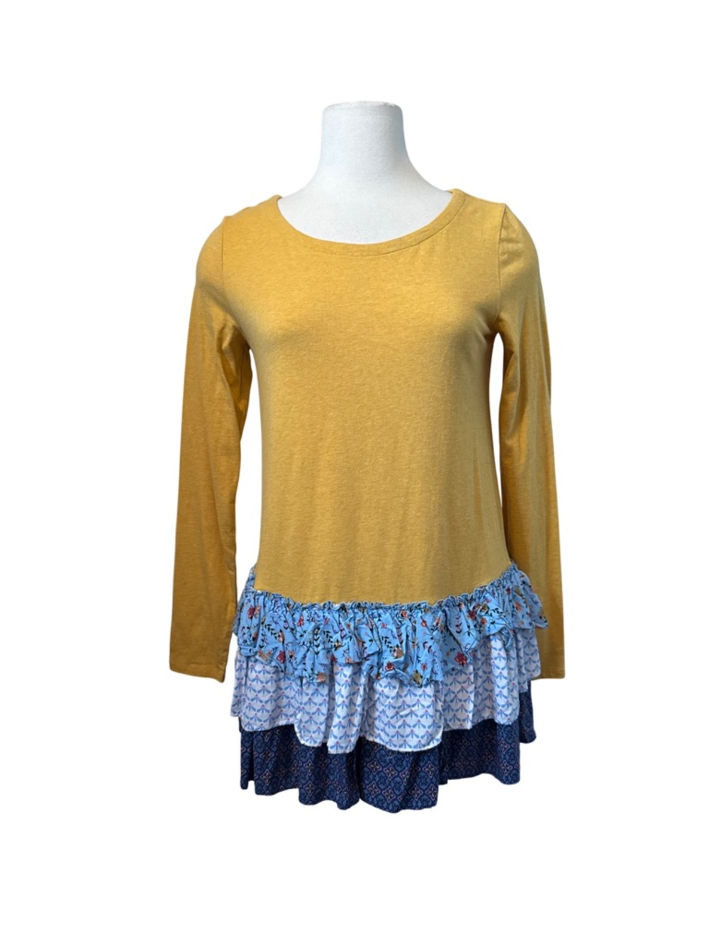 Matilda Jane Mustard Long-Sleeve Top with Layered Blue Ruffle Hem